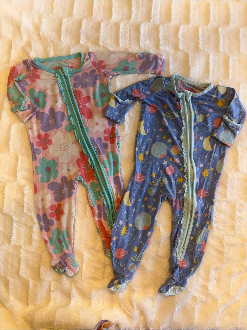 Ruffle Butts Pink & Aqua Floral One-Piece Footie